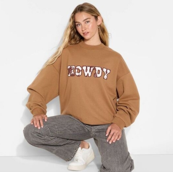 Special Thanks Tops - Special Thanks - Women's Howdy Cow Graphic Sweatshirt - Tan Size Small